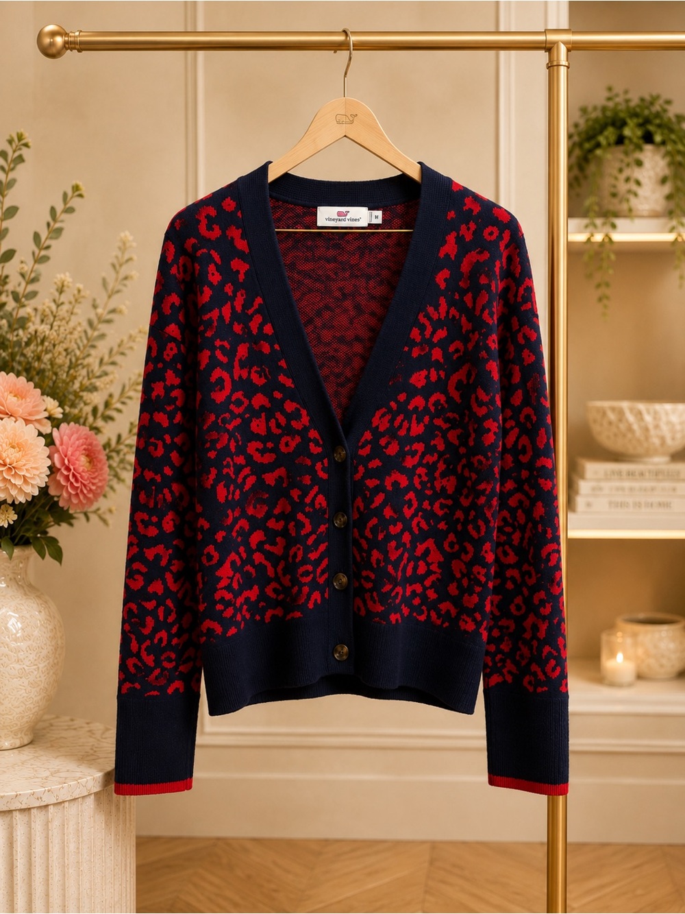 Vineyard Vines Falling For Leopard Cardigan Navy Red Merino Cashmere M
